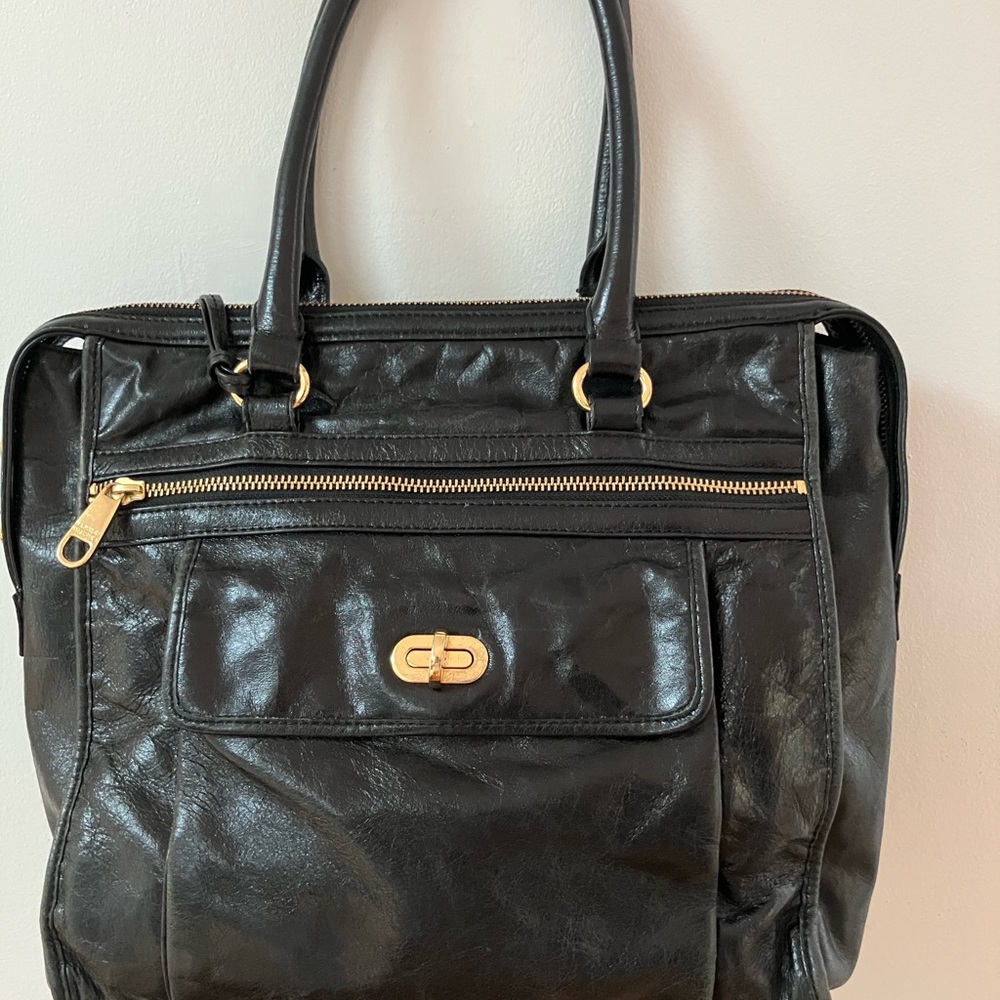 Badgley Mischka Black Leather and Gold Structured Tote Large